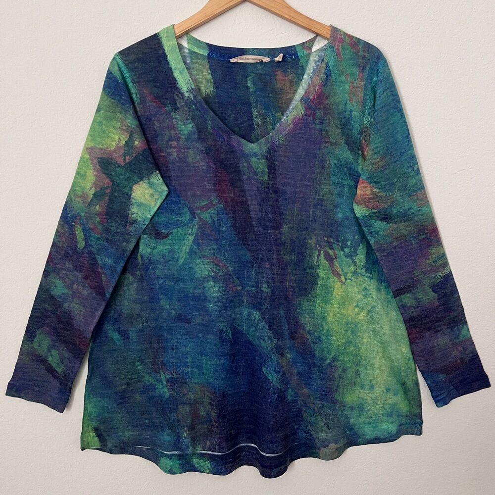 Soft Surroundings Women's Knit Top L Lightweight V-Neck Long Sleeve Multicolor